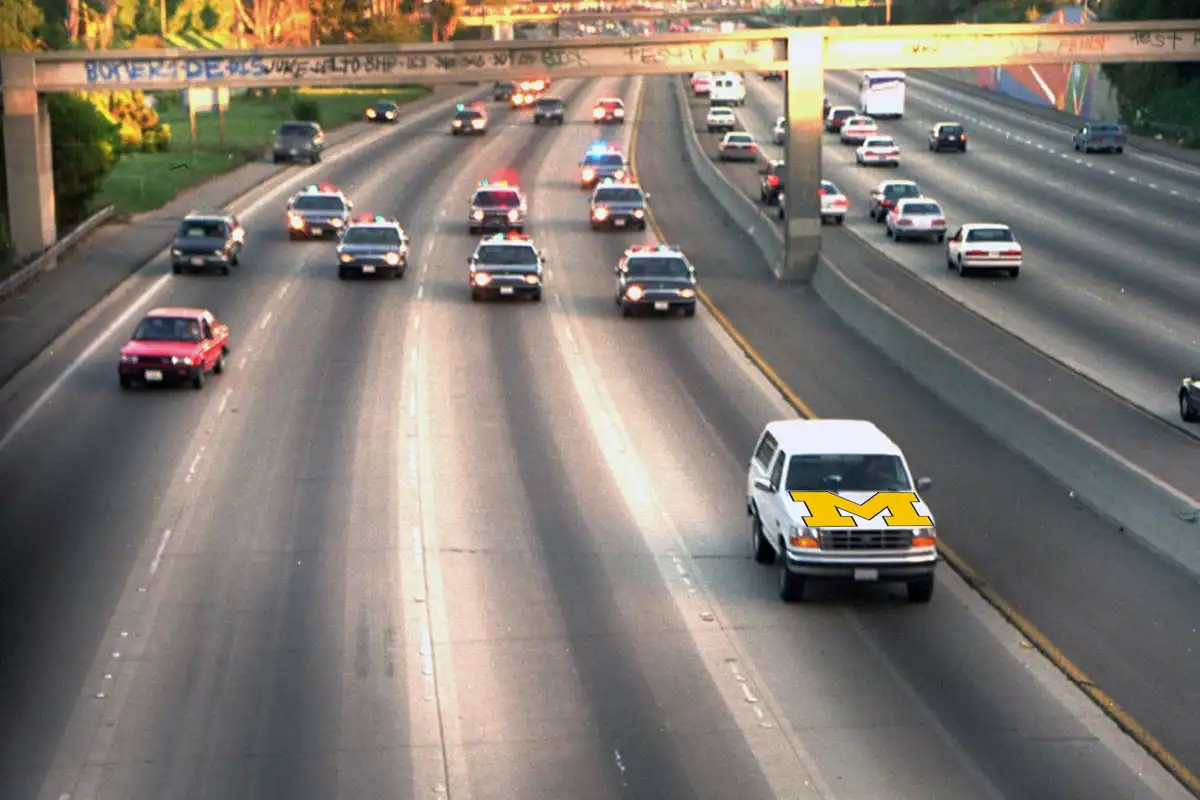 Sherrone Moore is currently driving down the 405 in a White Bronco after being fired from Michigan